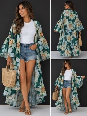 Boho Floral Kimono Cover Up Long Beach Cardigan Bell Sleeve Duster